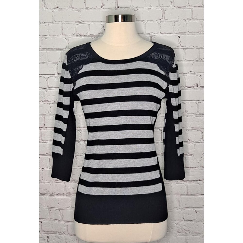 Amy Wear Black and Gray Striped Sweater w/Lace Medium | Beetlejuice